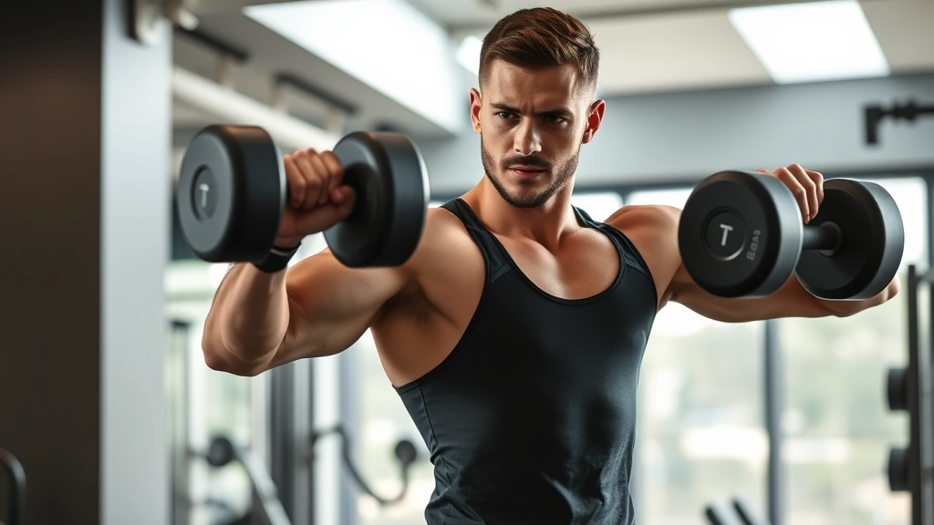 Athletic man in modern gym performing dumbbell exercises with focused intensity, natural lighting, professional fitness environment, confident expression