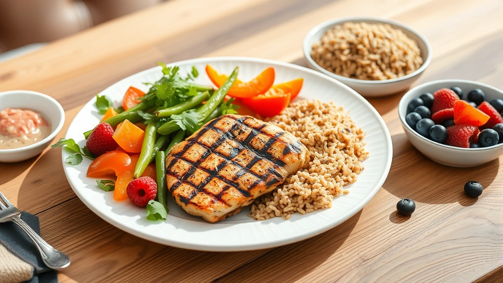 Nutritious meal spread on wooden table featuring grilled chicken breast, colorful vegetables, brown rice, and fresh berries in natural daylight, appetizing presentation