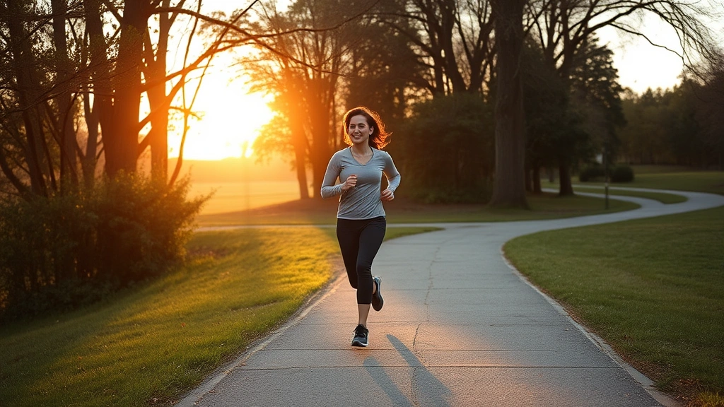 Woman jogging through scenic park trail during golden hour, healthy active lifestyle, natural surroundings, peaceful expression, fitness in progress