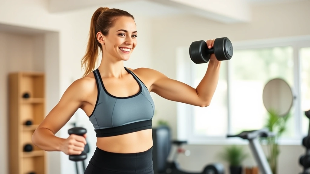 Woman in fitness attire doing strength training with dumbbells in a bright, modern home gym, smiling with confidence and energy