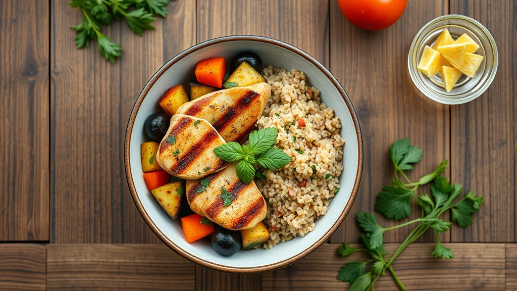 Overhead shot of a colorful, nutritious meal bowl with grilled chicken, quinoa, roasted vegetables, and fresh herbs on a wooden table