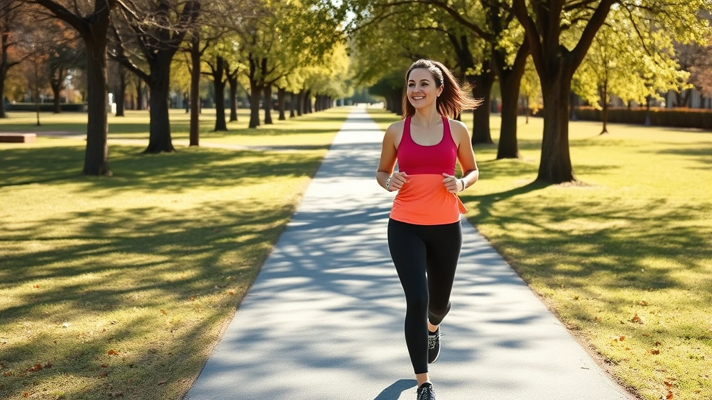 Woman in athletic wear walking outdoors on a sunny path through a park, appearing energized and peaceful during morning exercise