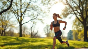 Fit person jogging outdoors on a sunny day through a park with trees, wearing athletic gear, showing determination and wellness focus, photorealistic