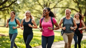 Diverse group of healthy adults smiling during outdoor walking exercise in Austin park setting with green trees and natural landscape, fitness and wellness focused