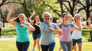 Diverse group of healthy adults exercising together outdoors in Austin park setting, bright sunshine, smiling and energetic, professional wellness environment