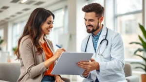 Professional healthcare consultant reviewing health metrics with client in modern clinic setting, both smiling, wellness focus, natural lighting through windows, healthy lifestyle environment