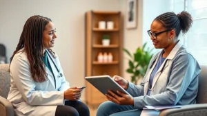 Professional medical consultation room with diverse healthcare provider and patient reviewing health records and weight loss plan on tablet, warm welcoming clinic environment