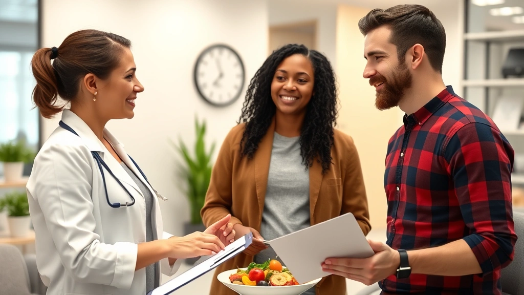 Professional female registered dietitian nutritionist in modern clinic office consulting with diverse male patient about healthy meal planning, warm lighting, friendly atmosphere, clipboard visible