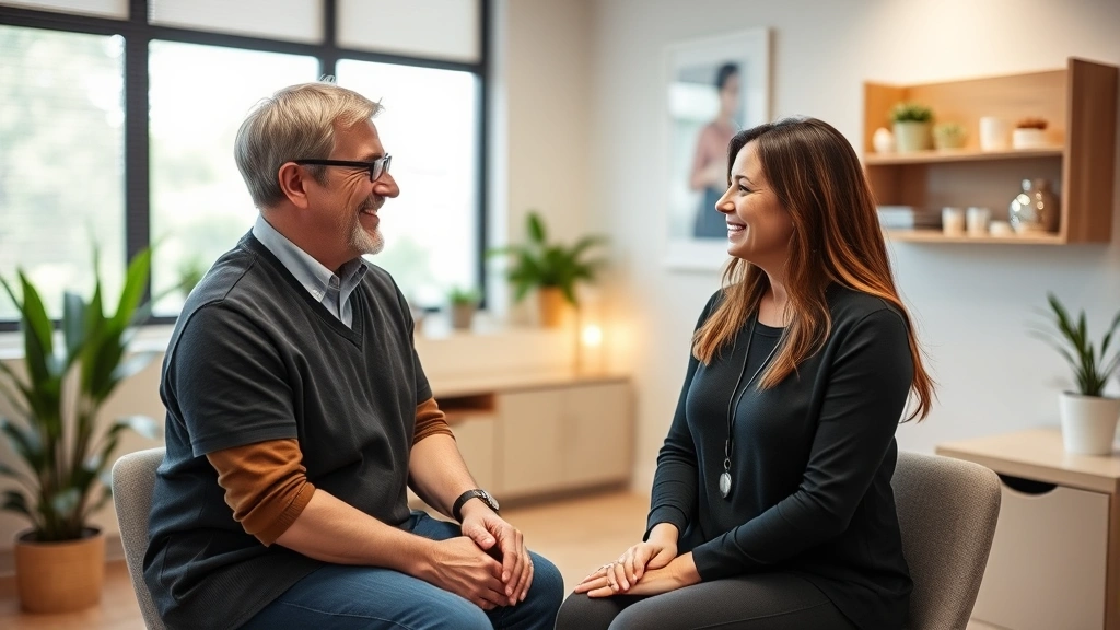 Professional healthcare provider in modern clinic setting consulting with patient about weight loss goals, bright Austin office with health-focused decor, warm lighting, both smiling