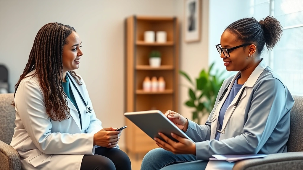 Professional medical consultation room with diverse healthcare provider and patient reviewing health records and weight loss plan on tablet, warm welcoming clinic environment