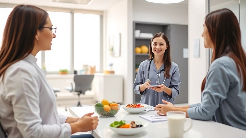 Registered dietitian counseling client during nutrition consultation in modern medical clinic office with healthy food choices displayed, professional healthcare setting