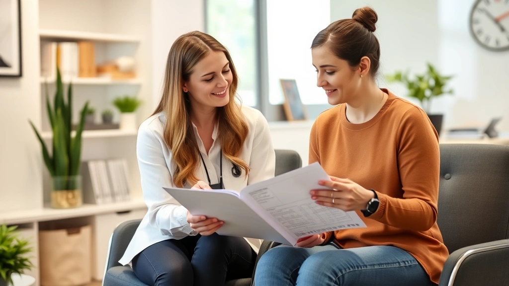 Registered dietitian consulting with patient in modern clinic office, reviewing nutrition plan together, warm professional atmosphere, diverse representation
