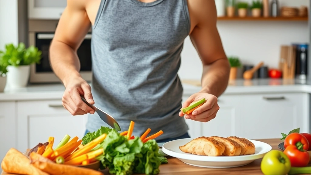 Fit individual preparing nutritious meal with colorful vegetables and lean protein in bright kitchen, showing balanced meal preparation, vibrant fresh ingredients, active healthy lifestyle