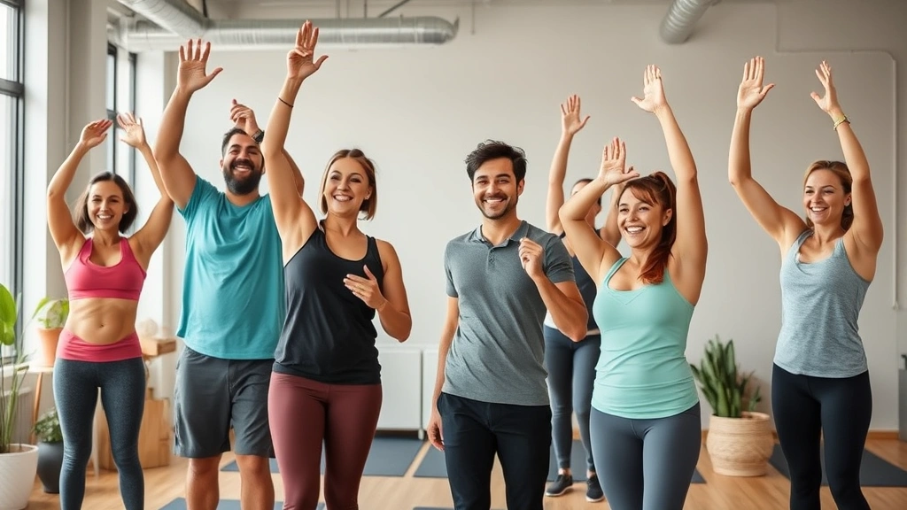 Fit individuals celebrating health milestone with supportive community in wellness clinic group session, encouraging positive transformation environment with diverse participants
