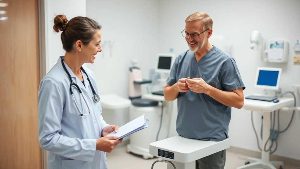 Patient on scale at medical clinic with healthcare provider taking notes, positive supportive interaction, modern medical equipment visible in background