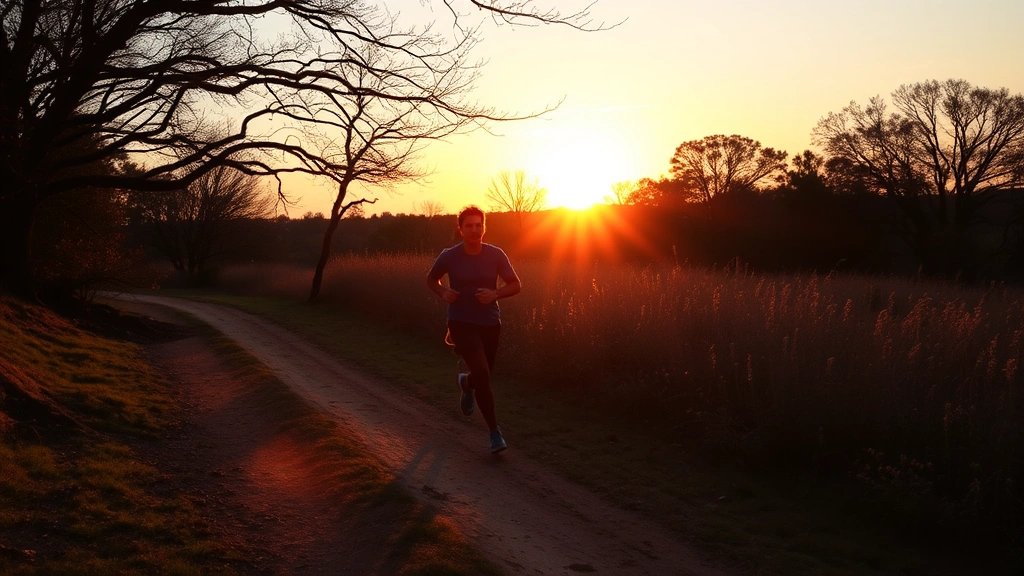 Person jogging through Austin park trail at sunrise, energetic movement, natural landscape, healthy exercise routine, wellness journey in progress, outdoor fitness activity