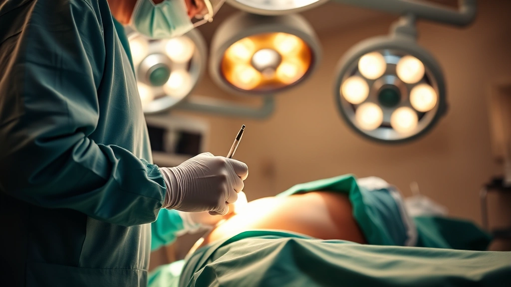 Professional bariatric surgeon in operating room performing gastric sleeve surgery, focused hands with surgical instruments, warm clinical lighting, patient on surgical table with green drapes, high-definition medical setting