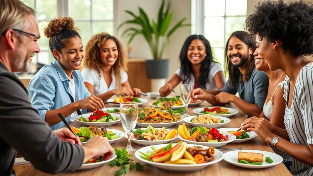 Diverse group of people eating healthy meals together at dining table, colorful vegetables and lean proteins on plates, joyful expressions, natural daylight through windows, fresh and vibrant food presentation, community and wellness atmosphere