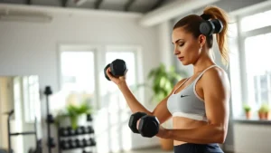 Athletic woman performing dumbbell strength training in bright, modern home gym with natural light streaming through windows