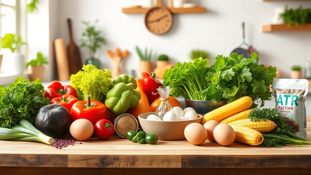 A vibrant, well-lit kitchen scene with fresh vegetables, eggs, and fortified foods on a wooden counter, representing natural B12 sources for optimal health and energy