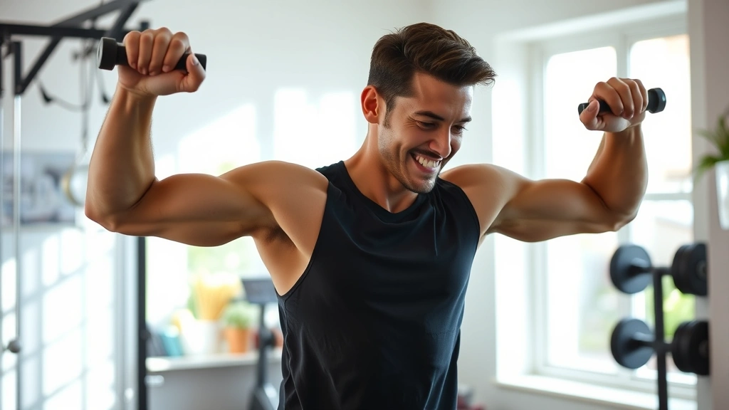 A person in a bright home gym environment doing resistance exercises with visible energy and confidence, showing the connection between adequate nutrition and workout performance