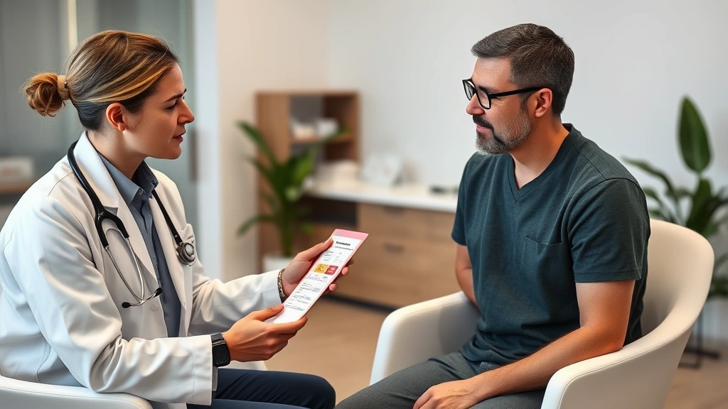 A healthcare professional conducting a consultation with a patient in a modern clinic, reviewing blood test results and discussing personalized supplement recommendations
