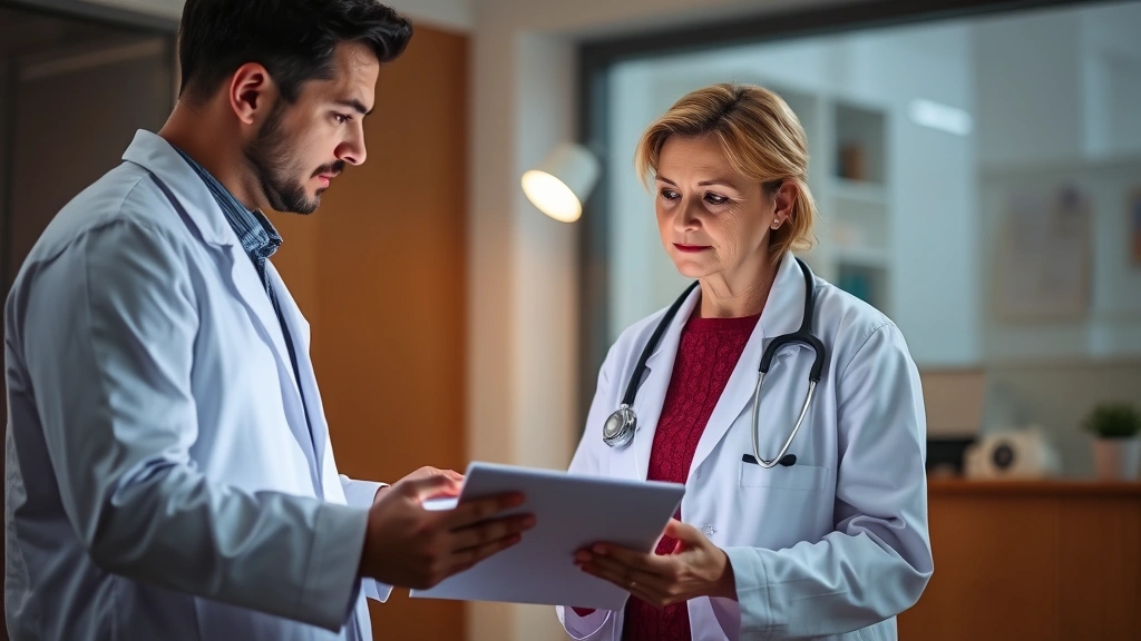 Professional healthcare provider in white coat discussing lab results with patient in medical office, warm lighting, both looking at clipboard