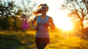 Person jogging outdoors at sunrise with vibrant energy, wearing athletic gear, natural lighting, healthy glow, motion blur suggesting movement and vitality