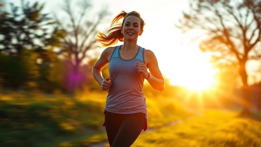 Person jogging outdoors at sunrise with vibrant energy, wearing athletic gear, natural lighting, healthy glow, motion blur suggesting movement and vitality