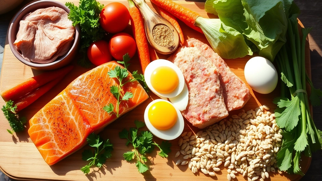 Vibrant scene of colorful nutrient-rich foods including salmon fillet, eggs, fresh vegetables, and fortified grains arranged on a wooden cutting board in natural sunlight, conveying B12-rich nutrition sources