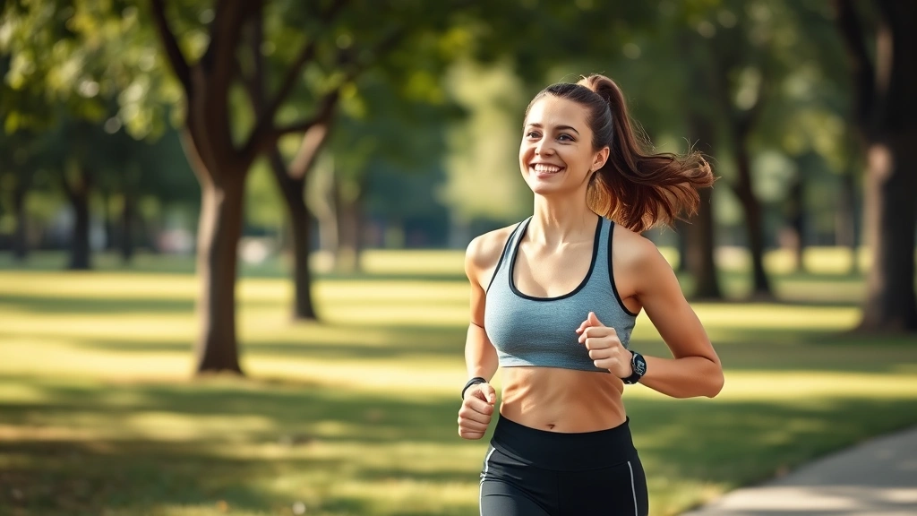Active woman in athletic wear smiling during a morning jog in a park with trees and natural light, representing improved energy and motivation from proper B12 levels