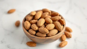 Close-up of fresh whole almonds in a wooden bowl on a light marble surface, natural soft lighting, showing almond texture and detail, wellness aesthetic, no text