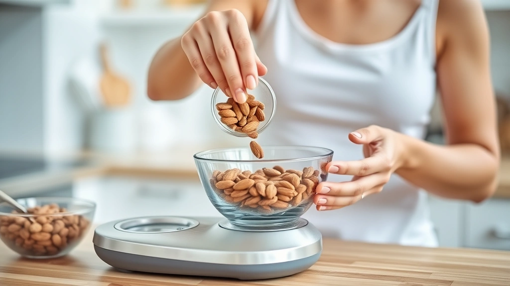 Woman measuring almonds into a small glass bowl using a kitchen scale, bright kitchen setting, healthy lifestyle photography, focus on portion control, no labels visible