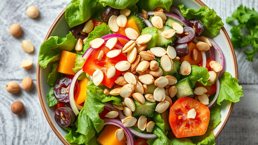 Overhead view of a colorful salad with sliced almonds scattered on top, fresh vegetables visible, bright natural lighting, appetizing presentation, no text or measurements