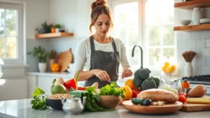 Woman in bright kitchen preparing healthy meal with fresh vegetables, whole grains, and lean protein on countertop, natural morning light streaming through windows, healthy cooking preparation