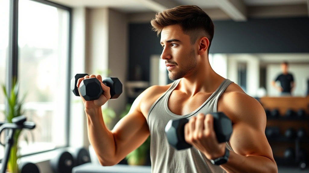 Person doing strength training with dumbbells in modern home gym setting, focused expression, proper form during exercise, bright natural lighting, fitness and wellness environment
