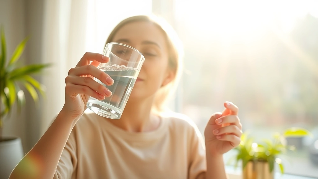Woman drinking water from glass in morning sunlight, peaceful expression, wellness and hydration focus, natural home setting, health-conscious lifestyle moment