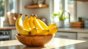 Fresh ripe bananas in a wooden bowl on a bright kitchen counter, natural sunlight streaming in, warm tones, healthy lifestyle aesthetic