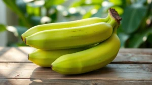 Fresh green banana on rustic wooden table with morning sunlight, healthy whole fruit photography, no text or labels visible, vibrant natural lighting emphasizing freshness
