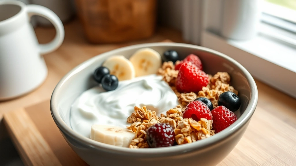 Nutritious breakfast bowl with sliced banana, Greek yogurt, granola, and berries in ceramic dish, natural kitchen setting, soft morning light, appetizing healthy food presentation