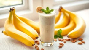 A vibrant, freshly blended banana smoothie in a tall glass with creamy white color, topped with a thin banana slice and fresh mint leaf, surrounded by whole bananas and scattered almonds on a light wood surface, bright natural lighting from window, professional food photography style