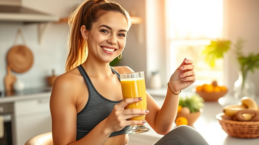 A woman in athletic wear holding a tall glass of banana smoothie with a satisfied smile, sitting in a bright modern kitchen with fresh produce visible on counter, natural morning sunlight streaming through windows, warm and inviting wellness atmosphere