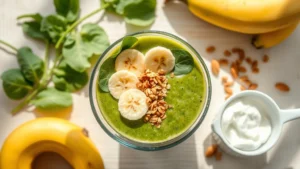 Overhead shot of a vibrant green banana smoothie in a clear glass bowl topped with fresh spinach leaves, sliced banana, and a sprinkle of granola, surrounded by fresh ingredients including bananas, Greek yogurt, and almond butter on a light wooden table with natural sunlight