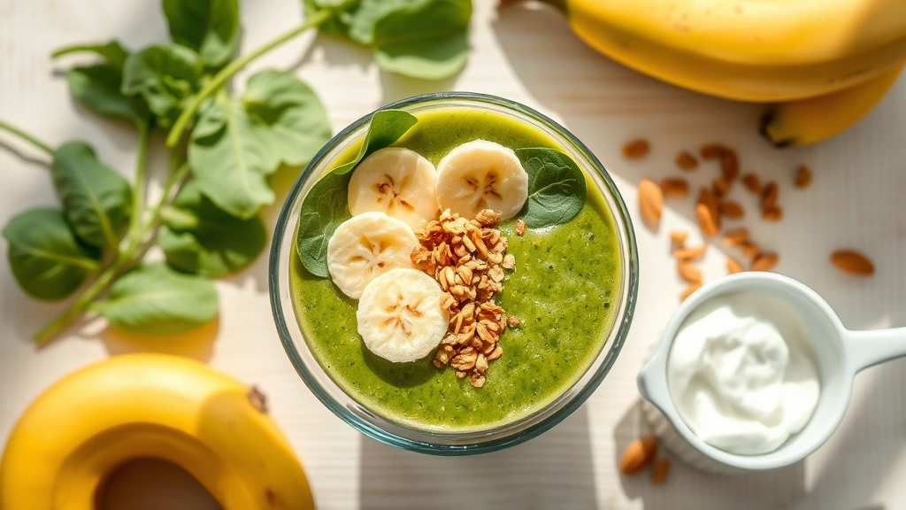 Overhead shot of a vibrant green banana smoothie in a clear glass bowl topped with fresh spinach leaves, sliced banana, and a sprinkle of granola, surrounded by fresh ingredients including bananas, Greek yogurt, and almond butter on a light wooden table with natural sunlight