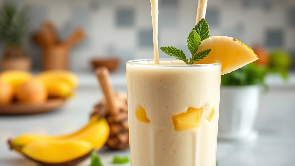 Close-up of a creamy tropical banana smoothie with pineapple chunks and coconut water, being poured into a tall glass, garnished with a banana slice and fresh mint, set against a bright kitchen countertop with blurred healthy ingredients in background