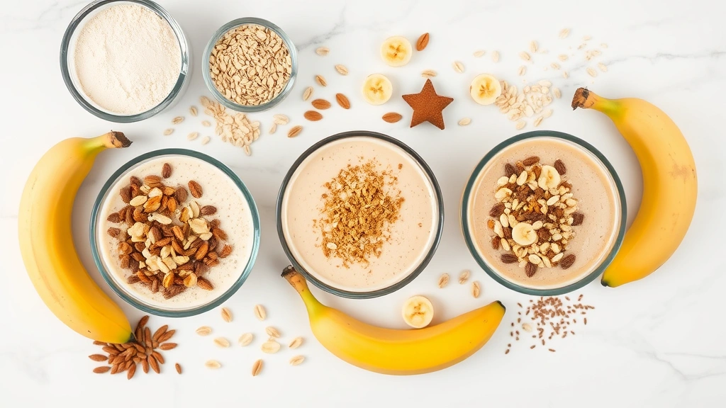 Flat lay composition showing three different banana smoothie variations in glass bowls with various toppings, surrounded by measured portions of protein powder, oats, flaxseed, and fresh bananas on a clean white marble surface with soft natural lighting