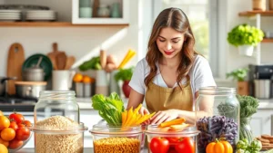 Woman in bright kitchen preparing colorful vegetables and grains in glass containers, natural morning light, healthy meal prep scene, photorealistic