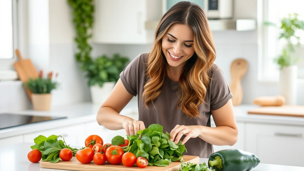 Woman preparing a colorful vegetable salad with fresh spinach, tomatoes, and bell peppers in a bright kitchen, smiling with healthy vegetables on cutting board