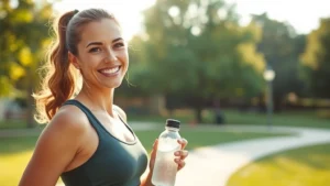 Woman in athletic wear smiling confidently while holding a water bottle after morning workout, sunlit park setting, healthy glow, wellness-focused, no text or numbers visible