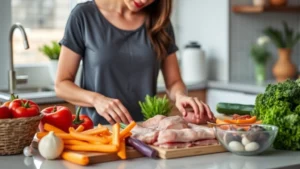 Woman preparing fresh colorful vegetables and lean proteins on a modern kitchen counter, bright natural lighting, healthy meal prep scene